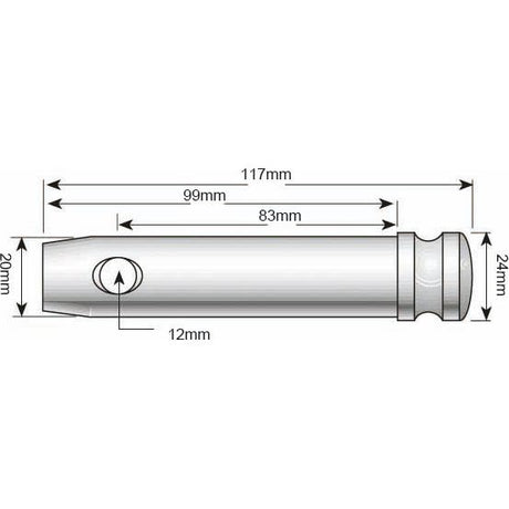 A technical diagram of the Top link pin 20x83mm Cat. 1 (Sparex Part No.S.423), branded by Sparex, featuring various labeled dimensions: 117mm length, 83mm internal length, 24mm diameter at end, and a 20mm diameter at tip, with additional smaller measurements indicated.