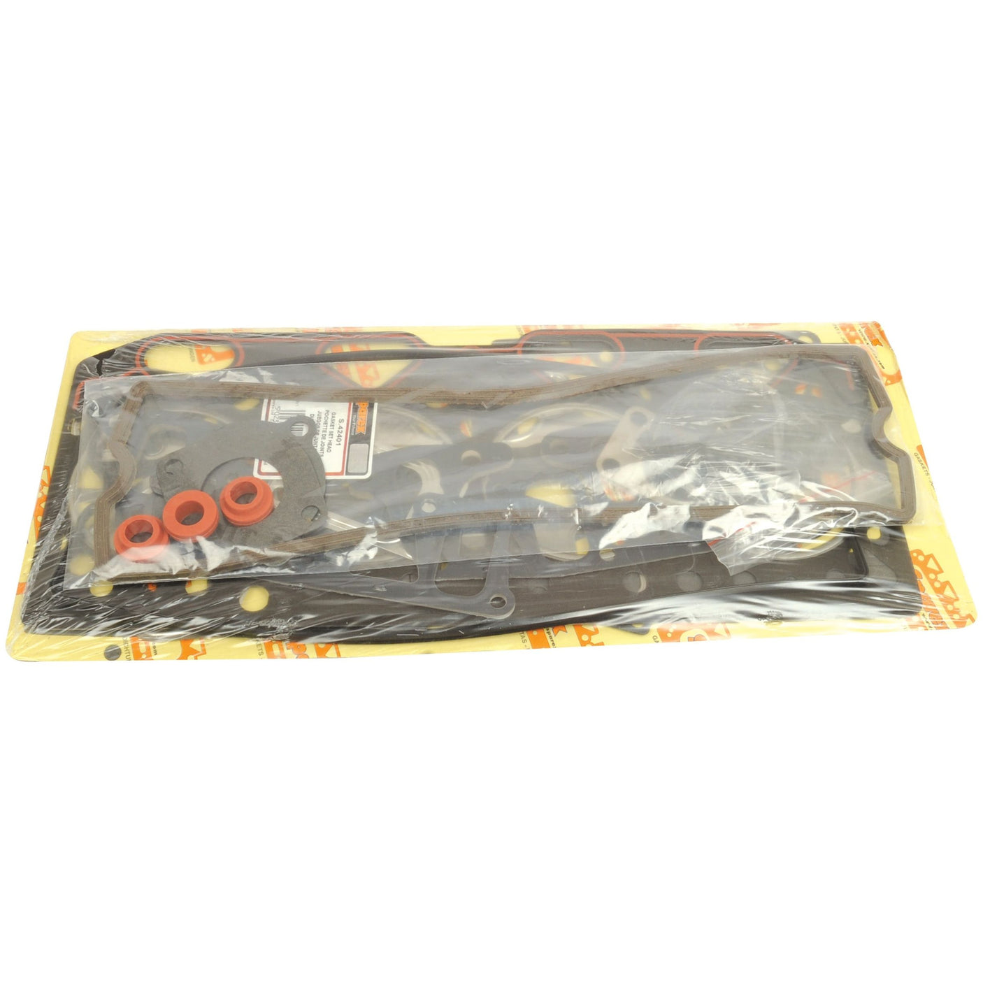 The Top Gasket Set - 4 Cyl. by Sparex (Sparex Part No. S.42401), which includes a head gasket, is encased in clear plastic wrap on a yellow and orange backing.