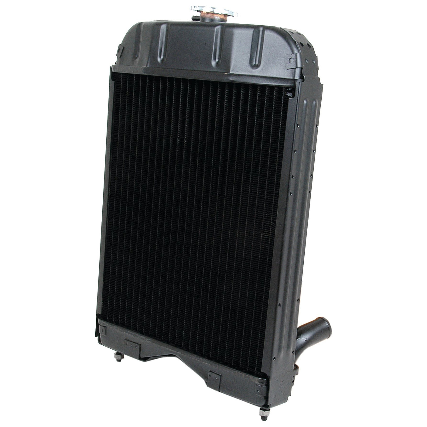 A Sparex Radiator - S.42410 standalone car radiator with a black frame and fins, featuring an inlet outlet connection visible at the lower right side.