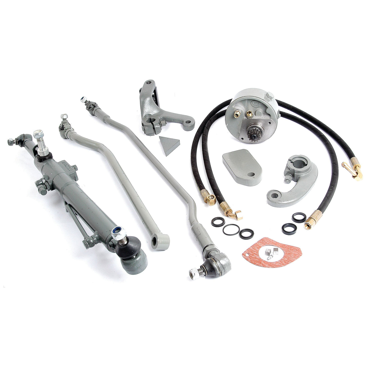 A collection of various mechanical automotive parts, including rods, hoses, seals, and brackets arranged neatly on a white background. Among these components is the Power Steering Conversion Kit (Not Original Type Kit) by Sparex (Part No. S.42415), curated by Sparex to ensure quality and reliability.