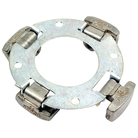 A metal hose clamp assembly featuring a circular base with four hinges and tightening mechanisms, designed for securing hoses, just like the precision found in a Sparex Governor Weight Assembly (Part No. S.42423).