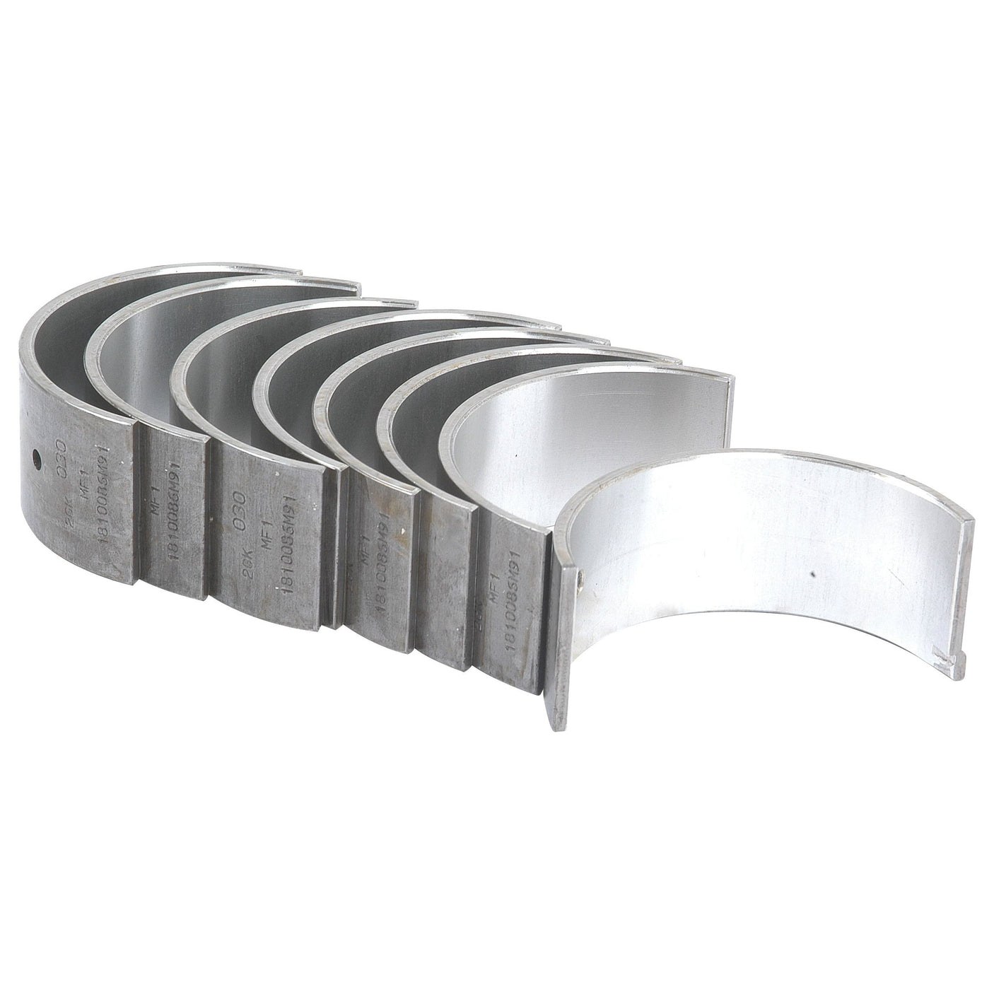 A set of Sparex Conrod Bearing +0.030'' (0.75mm) shells, part number S.42425, designed for Massey Ferguson tractor parts, aligned in a row and partially overlapping each other.