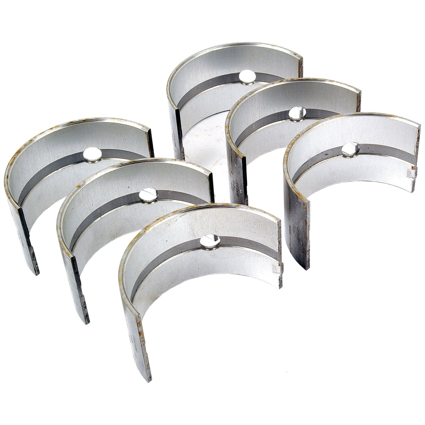 Six metallic half-shell engine bearings, each featuring two semi-circular grooves and a central hole, designed specifically for Massey Ferguson tractors by Sparex under the part number S.42426 (Main Bearing +0.030'' (0.75mm) Set), are arranged in a staggered pattern.
