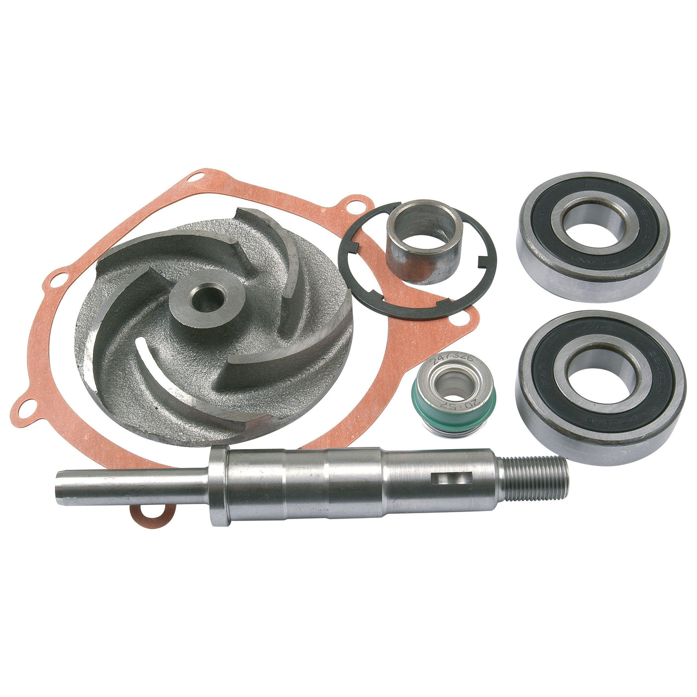 A collection of mechanical parts, including bearings, a shaft, a gasket, and a metal impeller from the Sparex Water Pump Repair Kit (Sparex Part No. S.42442) arranged on a white background.