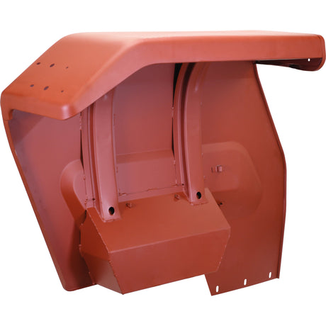 The Sparex Fender (with Tool Box) - RH, part number S.42446, is a red industrial metal component with a curved top and supporting brackets, featuring holes for mounting or attachment, making it an ideal replacement for a Massey Ferguson fender.