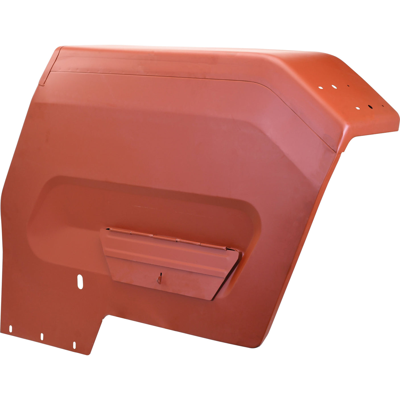 A red Fender (with Tool Box) - RH from Sparex, featuring a rectangular vent and several bolt holes on the edges, shown against a white background.