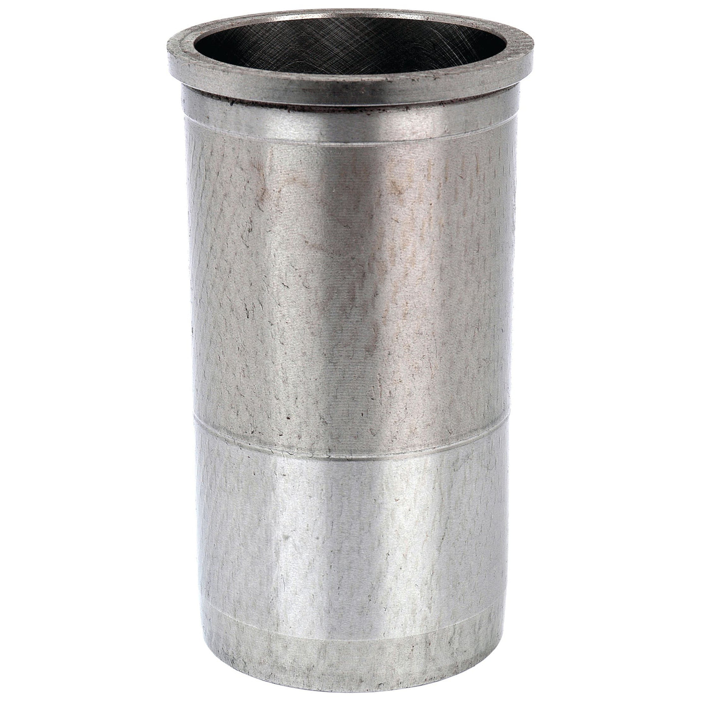 The Piston Liner (Finished) by Sparex, Part No. S.42450, is a metallic cylindrical object with a flanged top edge and a slightly textured surface, resembling a pipe or exhaust component. It is designed for Massey Ferguson tractors with a bore of 79.38mm.