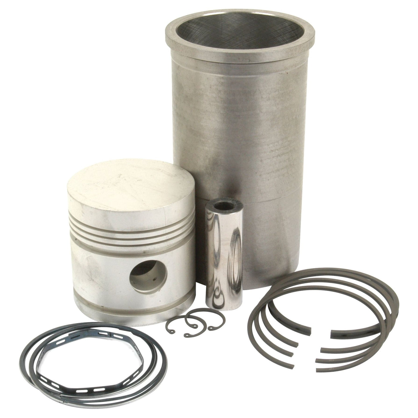 A set of engine components, including a piston, cylinder liner, piston rings, and various small rings and clips arranged together on a white background. Ideal for Perkins or Massey Ferguson models, the Piston Ring and Liner Kit by Sparex (Part No.S.42459) ensures optimal performance.