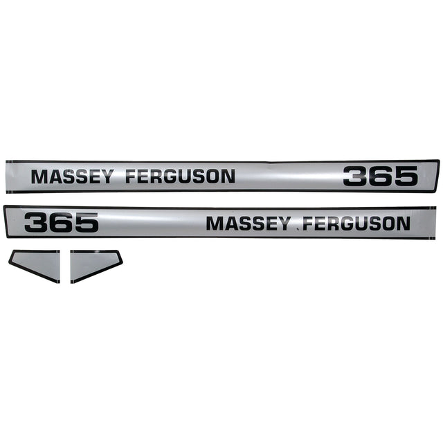 Displayed against a white background are two silver Massey Ferguson 365 tractor decals and two small triangular decals, all part of the official Sparex Decal Set - Massey Ferguson 365 (Sparex Part No. S.42467).