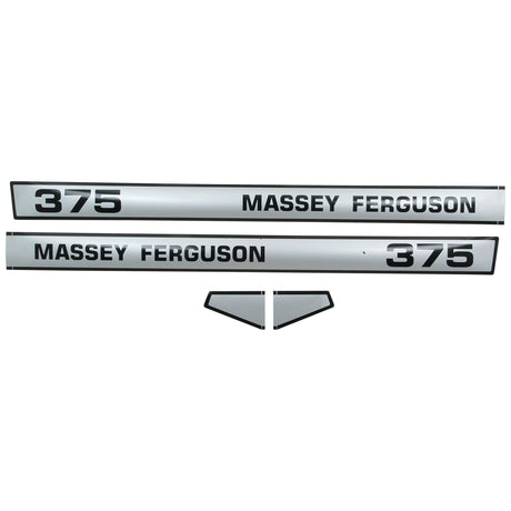 This Decal Set - Massey Ferguson 375 (Sparex Part No. S.42468) from Sparex includes decals with "375 MASSEY FERGUSON" text on a white background, perfect for vehicles or equipment. The set features two rectangular decals and two small triangular pieces.