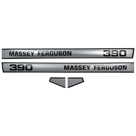 The Decal Set for Massey Ferguson 390 tractors (Sparex Part No. S.42469) features silver backgrounds with black text and numbering, perfect for labeling your tractor, and is available from Sparex.