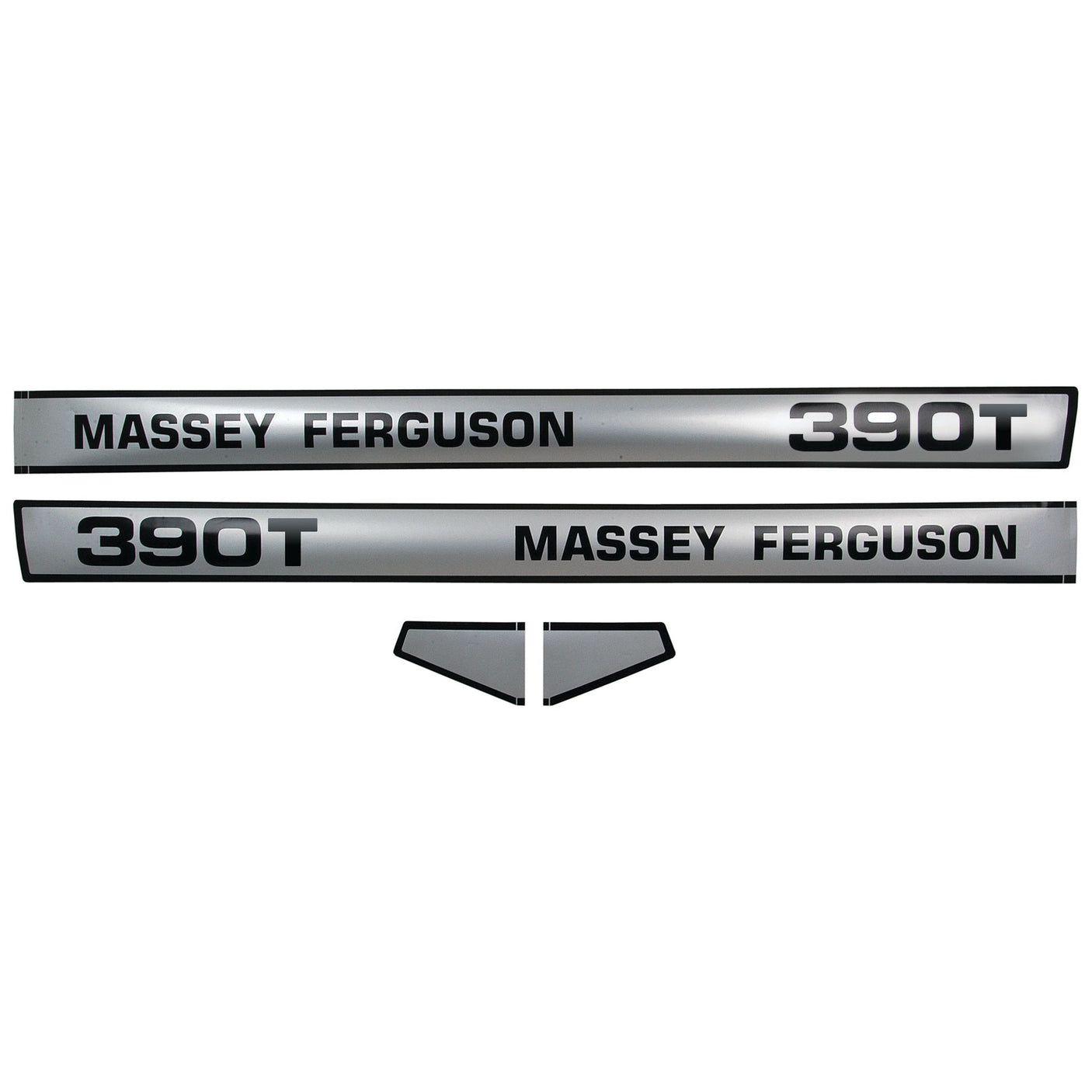 Image of a silver and black Decal Set for the Massey Ferguson 390T tractor, featuring Sparex Part No. S.42470 with the text "MASSEY FERGUSON" and "390T" displayed on two separate stickers.