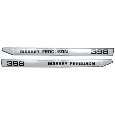 A pair of white and black "Massey Ferguson 398" decals, part of the striking Sparex Decal Set (Sparex Part No. S.42471), are displayed side by side.