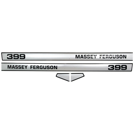 The Decal Set - Massey Ferguson 399 (Sparex Part No.S.42472) includes "399" and "MASSEY FERGUSON" text in black on a white background, complete with an angular logo design. This high-quality Sparex set ensures your tractor looks its best.