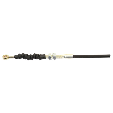 The Sparex Foot Throttle Cable (Part No. S.42474), featuring a flexible design with a black sheath, metal fittings, and an adjustable end connector, is ideal for use as a 1098mm foot throttle cable in Massey Ferguson vehicles. The outer cable length is 937mm.