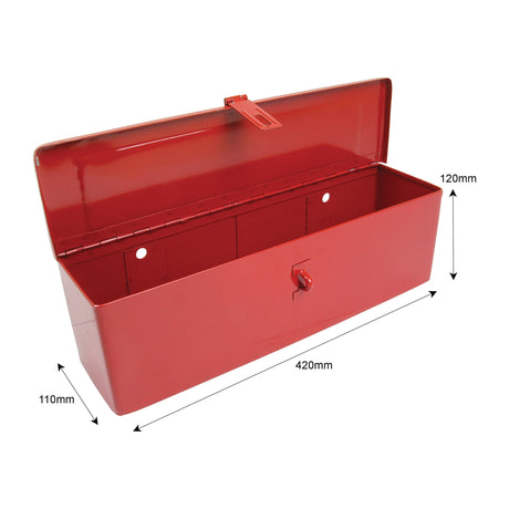 The Sparex Tool Box (Sparex Part No. S.42476) is a red rectangular metal toolbox with an open lid, measuring 420mm in length, 120mm in height, and 110mm in width.