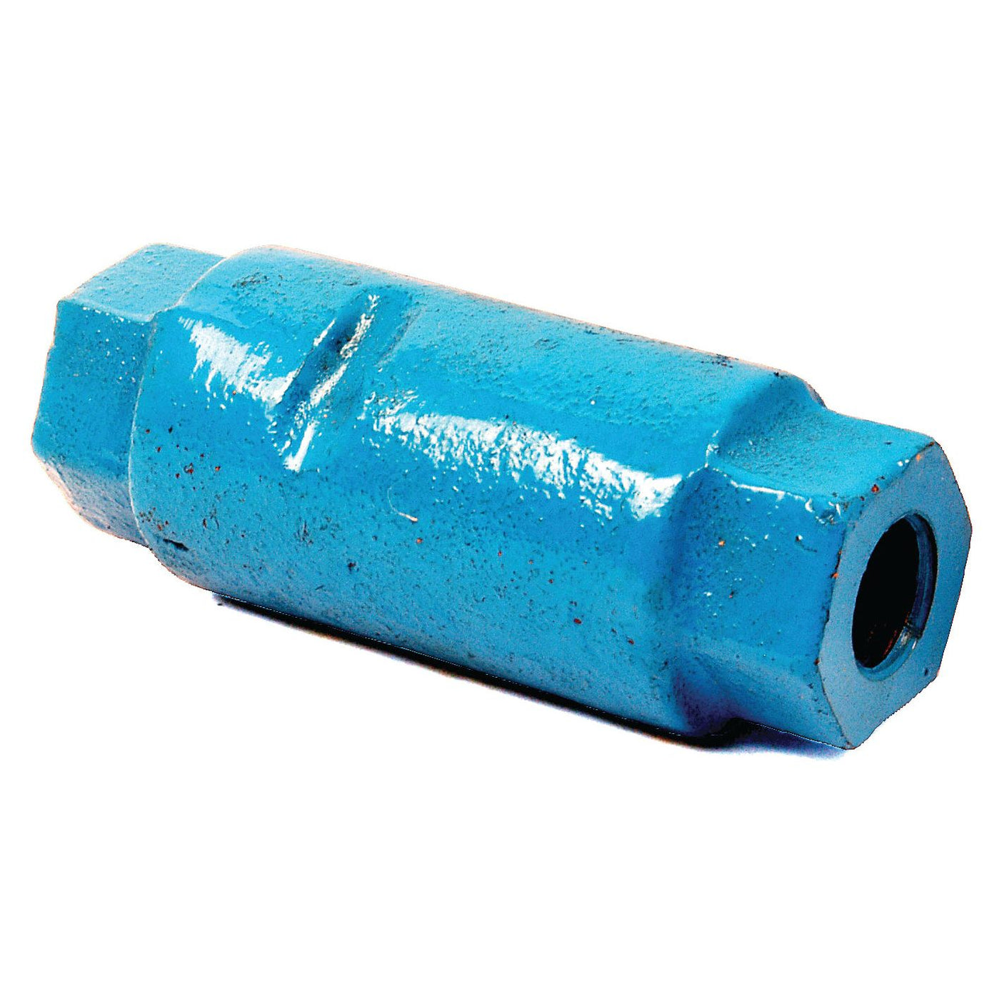 The Stabiliser Turnbuckle 110mm - 3/4'' UNC, a blue hexagonal metal cylinder with threaded ends, used for industrial purposes and compatible with Sparex parts for Ford/New Holland tractors, is isolated on a white background.