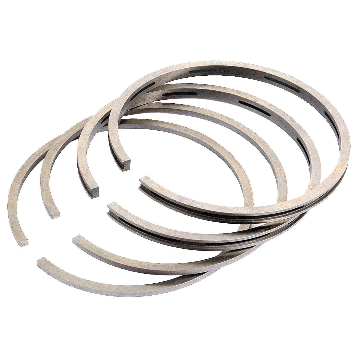 A set of four metallic piston rings, identified as Sparex Piston Ring (Sparex Part No.S.42483) for a Massey Ferguson petrol engine, are displayed overlapping each other on a white background.