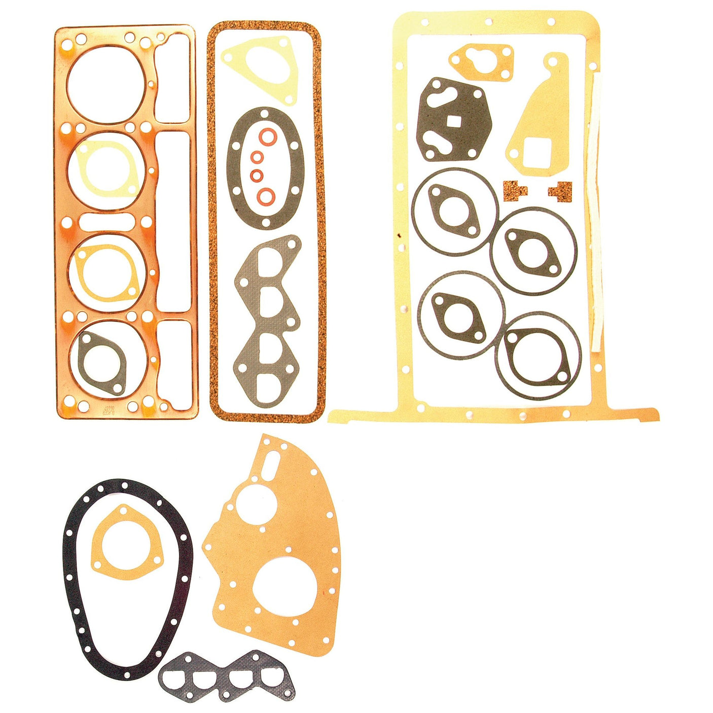 The Complete Gasket Set - 4 Cyl. by Sparex (Sparex Part No.S.42486) includes a variety of gaskets and seals in multiple shapes and sizes, ideal for petrol engines, neatly displayed on a white background.