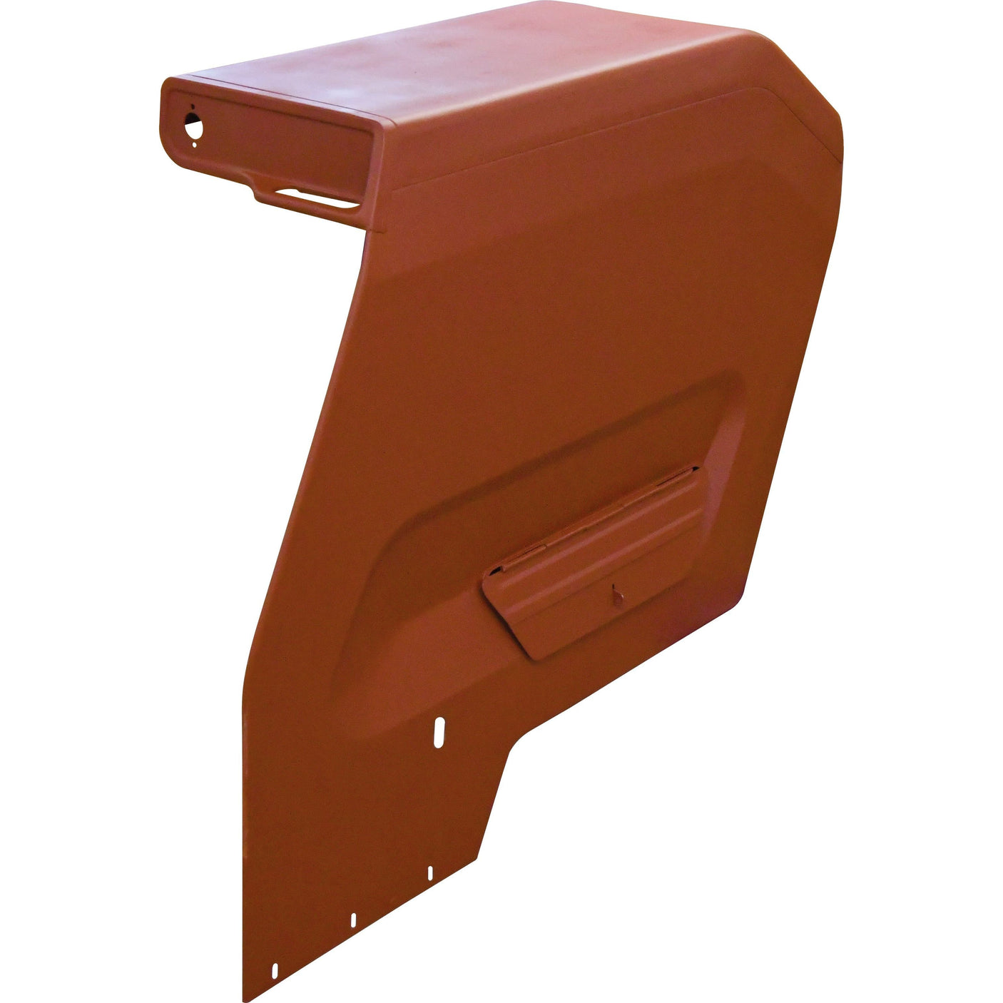 A rust-colored metal fender panel from Sparex, featuring mounting holes, a rectangular indentation, and an integrated tool box.