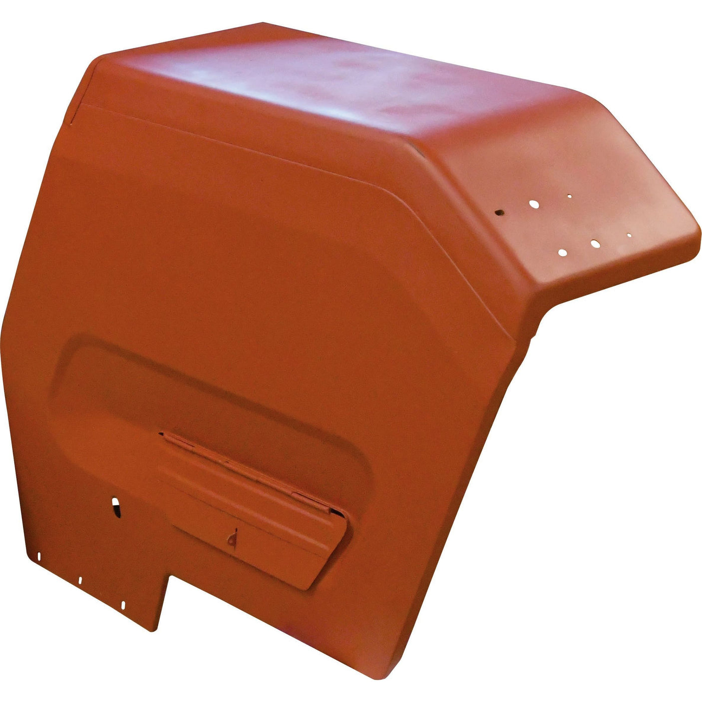 Red industrial Fender (with Tool Box) - RH, featuring a rectangular shape with a small protrusion and several holes on the surface, compatible with Massey Ferguson equipment. Sparex Part No.S.42494.