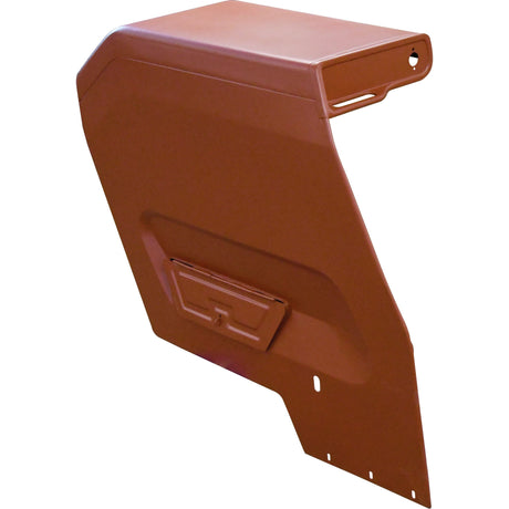 The Sparex Fender (with Tool Box) - LH, Part No. S.42495, features a brown, angular metal panel with a small access door, boasting a folded edge and several mounting holes. This fender reflects the high quality synonymous with Sparex components and is inspired by Massey Ferguson designs.