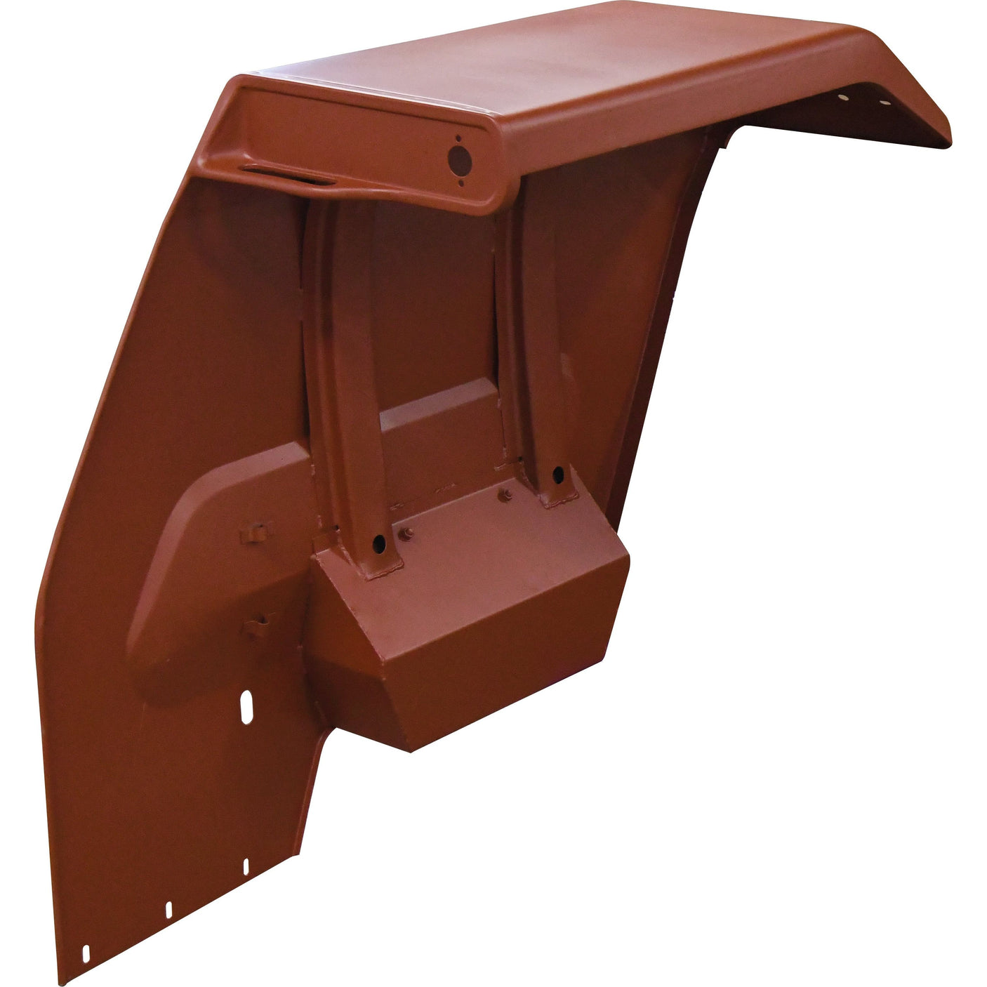 A red preformed metal construction piece with angular lines, multiple support structures, holes, and extensions on various sides. It looks like the left-hand side fender with a tool box from Sparex kits for Massey Ferguson tractors, specifically the Sparex Part No. S.42495.