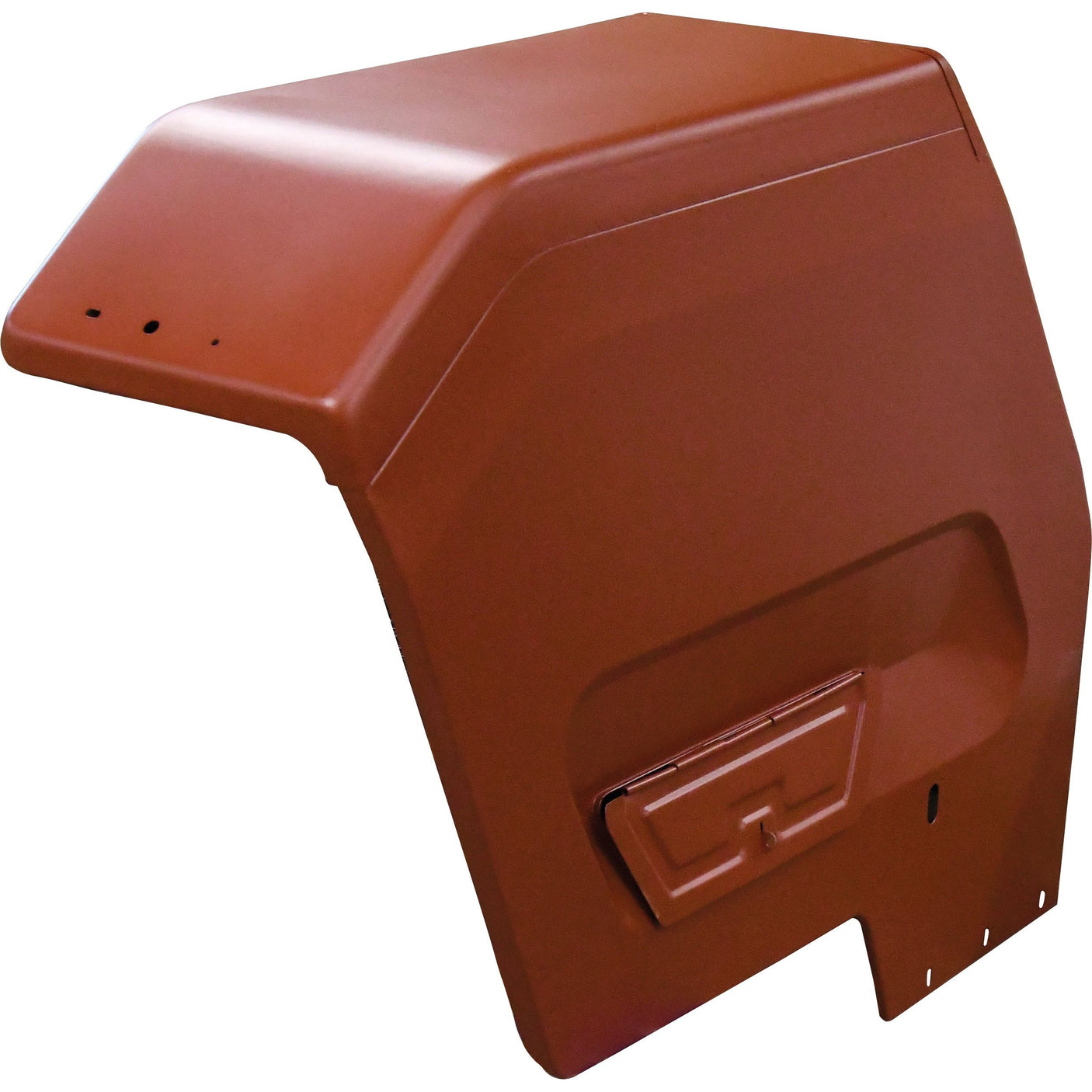 The Sparex Fender (with Tool Box) - LH, Sparex Part No. S.42495, is a red metal fender cover designed for Massey Ferguson tractors. It features a rectangular cutout and three small holes on the top edge, making it perfect for Sparex replacements.
