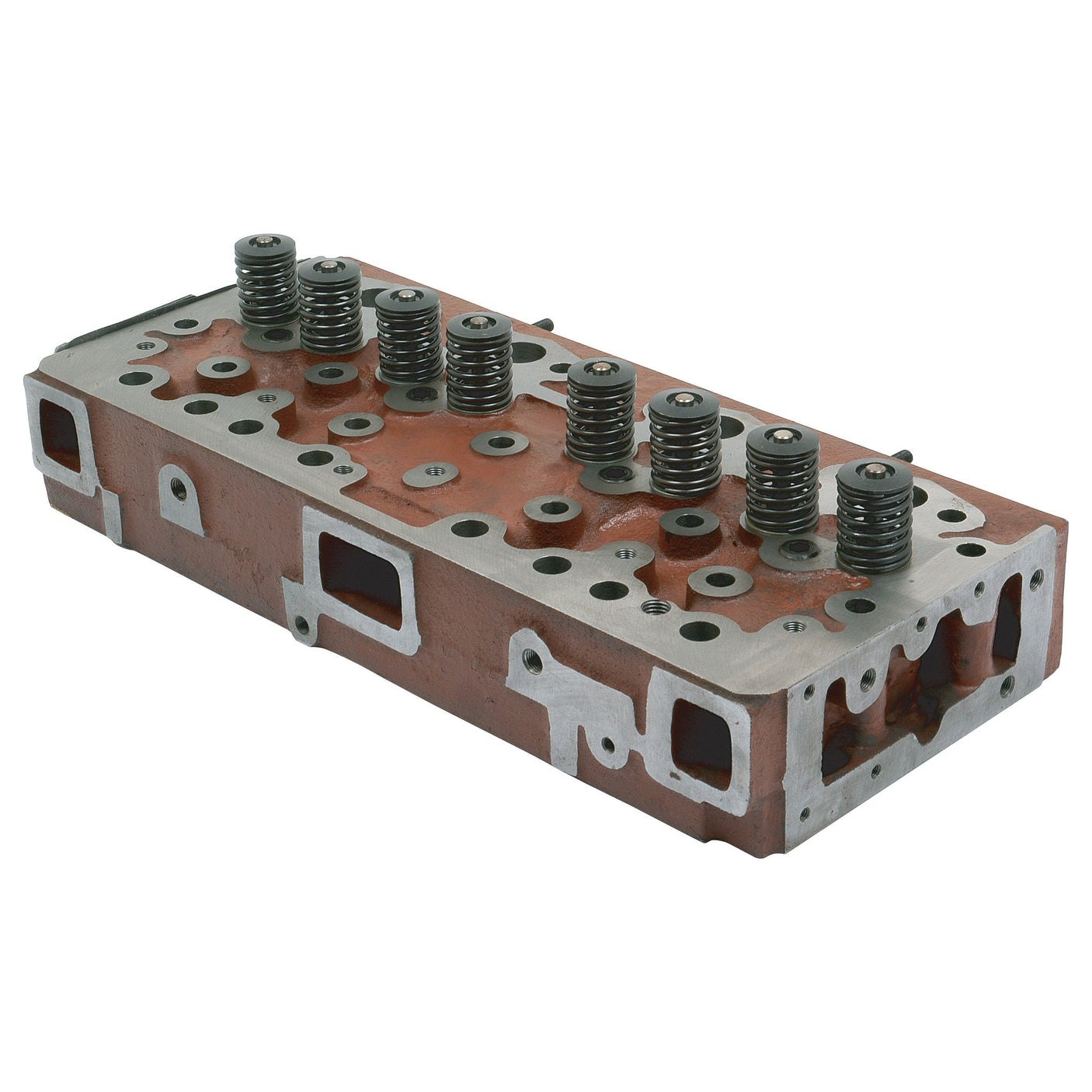 A metal Cylinder Head Assembly - S.42496 with multiple holes and eight Sparex springs lined on top.