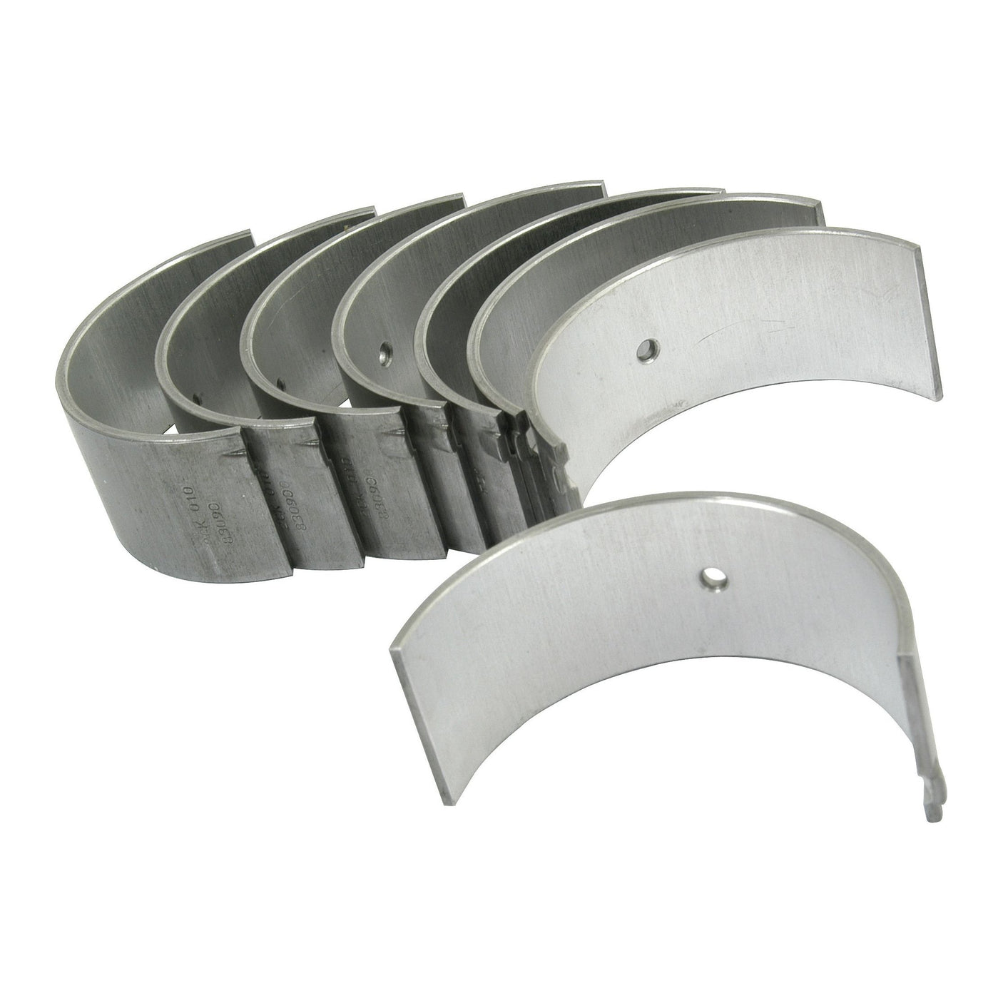 A set of six silver Conrod Bearing +0.010'' (0.25mm) Set | Sparex Part No.S.42499, arranged in a semi-circular formation on a white background, perfect for Massey Ferguson or Landini machinery from Sparex.