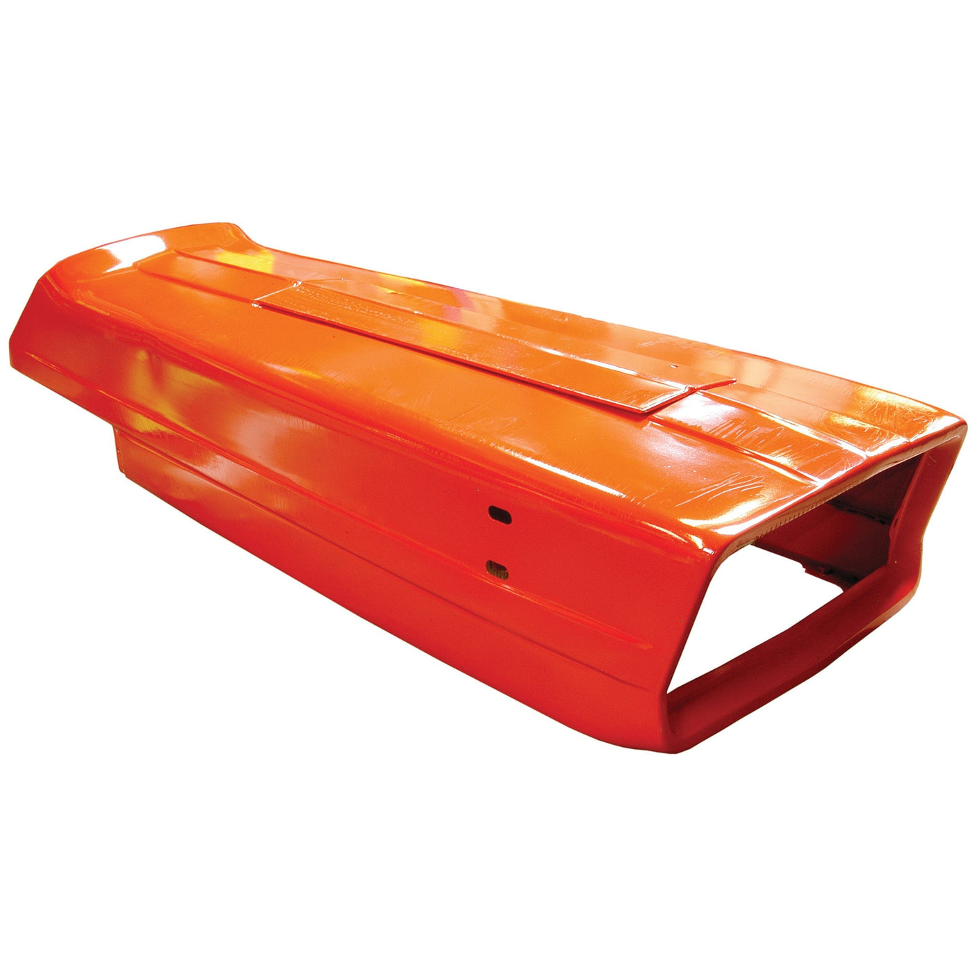 A Sparex Bonnet (Sparex Part No. S.42503) is an orange plastic lawn mower discharge chute attachment with a rectangular opening on one end, compatible with Massey Ferguson and Landini models.