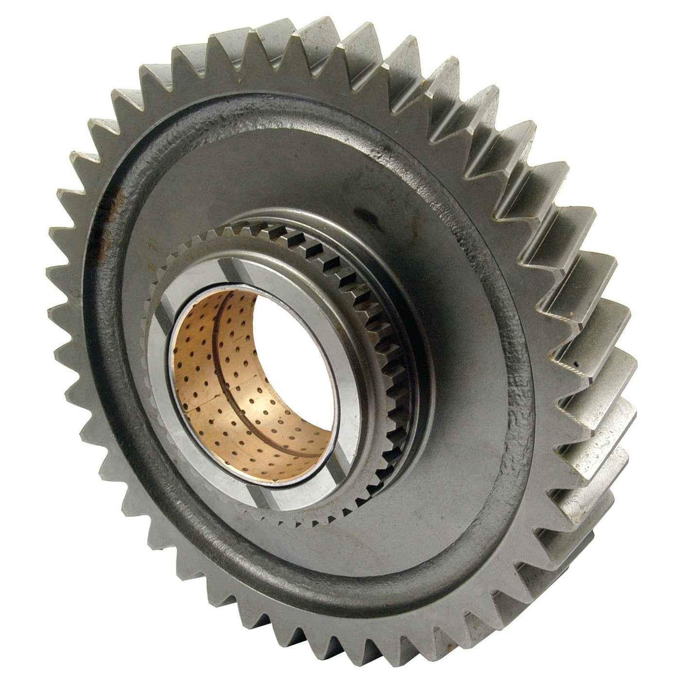 The Transmission Gear - 1st (Sparex Part No. S.42534) by Sparex features a metallic construction with sharp, evenly spaced teeth and a hollow center, surrounded by a bronze-colored perforated ring, making it ideal for use in Massey Ferguson machinery.