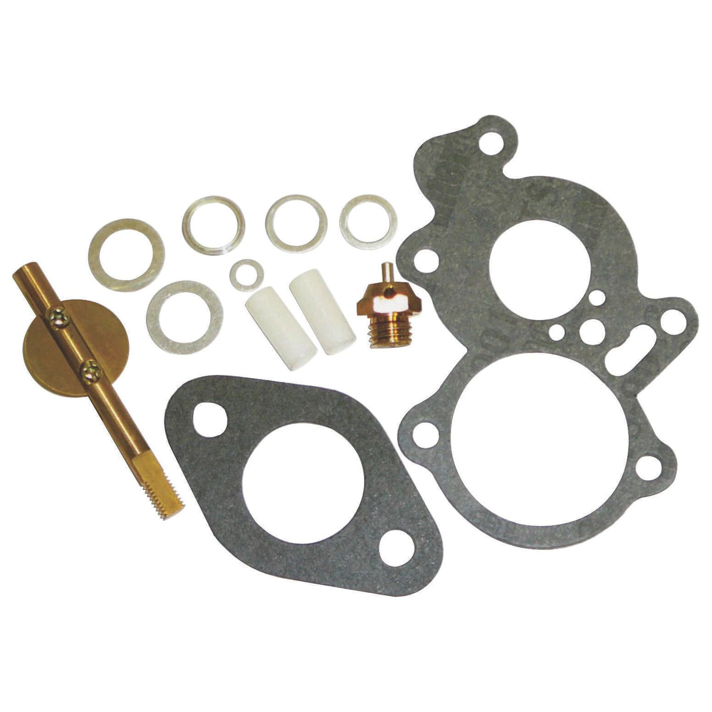 A comprehensive selection of carburetor components, including gaskets, needle valve, washers, and other small parts displayed on a white background—perfect for Massey Ferguson TEA20 with Zenith Carburettors 24T2. This Sparex Carburettor Repair Kit (Part No. S.42540) includes all essential repair items.