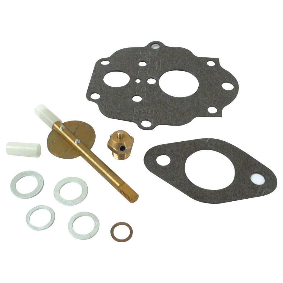 The Sparex Carburettor Repair Kit (Part No. S.42541), designed for Zenith Carburettors in Massey Ferguson tractors, includes gaskets, washers, a brass needle valve, a small brass fitting, and other miscellaneous parts.