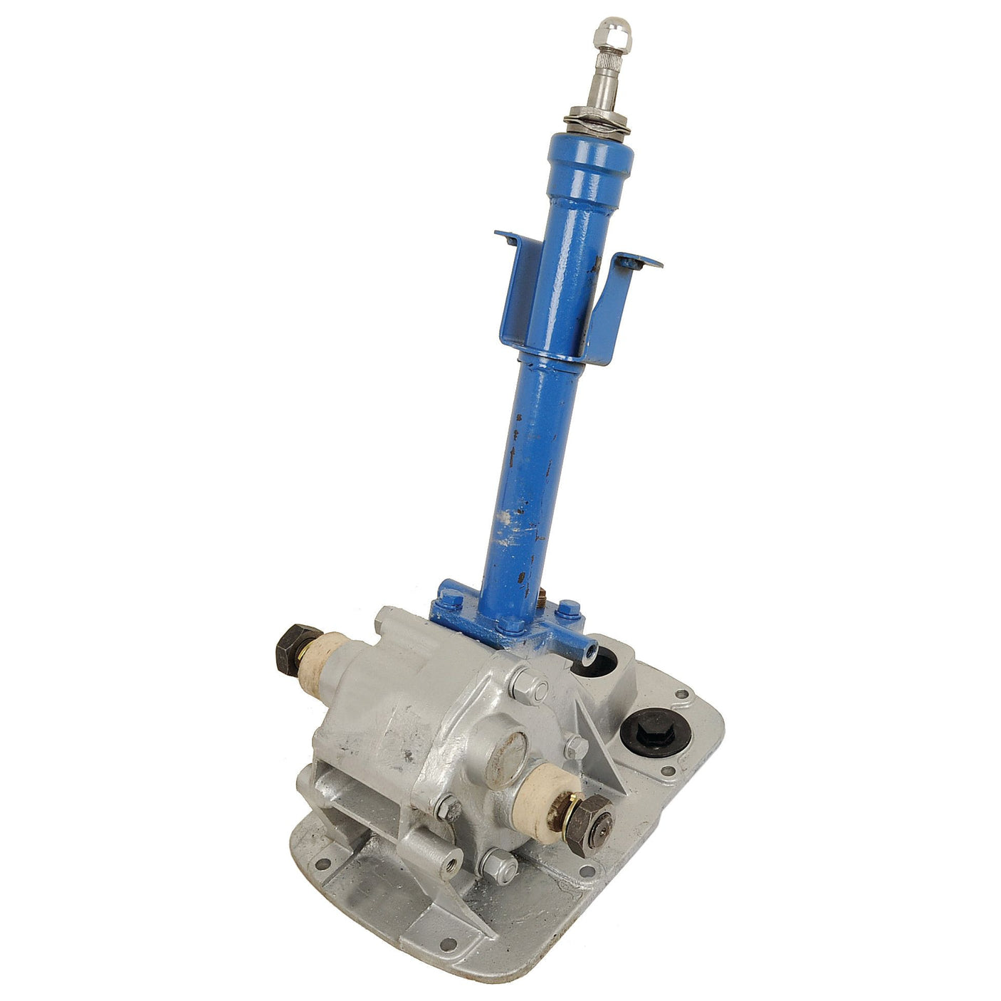 A metal automotive gear shifter featuring a vertical blue handle attached to a silver mechanical housing base, adorned with various bolts and a rubber grommet, reminiscent of the robust design seen in the Sparex Steering Box Assembly | Part No. S.42544.