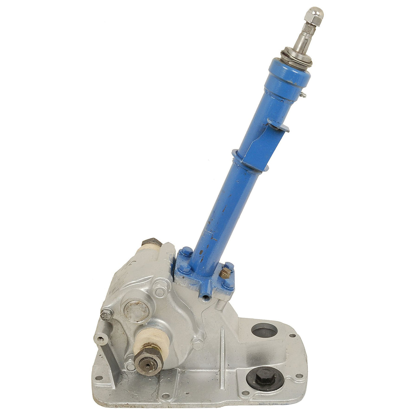 The Steering Box Assembly (Sparex Part No. S.42544) by Sparex includes a mechanical component with a cylindrical blue shaft mounted vertically on a metallic base, secured by several fittings and bolts, making it ideal for use in Massey Ferguson Steering Box Assemblies.