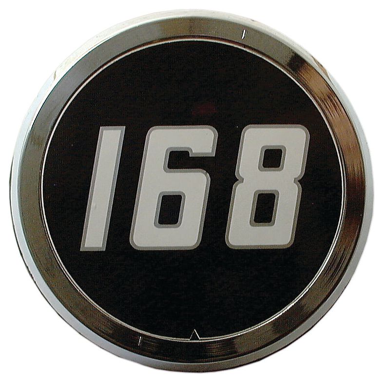 A circular badge with a black background and the number "168" in white, enclosed in a silver metallic rim, resembling the Sparex Medallion for Massey Ferguson 168 (Sparex Part No. S.42549).