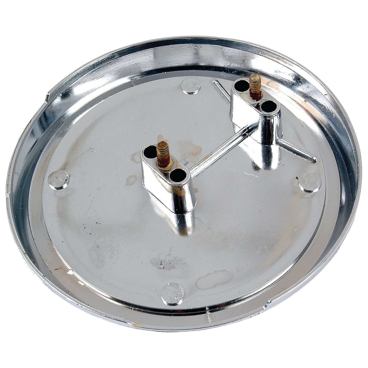 A round, metallic drip pan with two small cylindrical elements attached to its surface, much like the design of the Medallion - Massey Ferguson 178 from Sparex (Sparex Part No. S.42551).