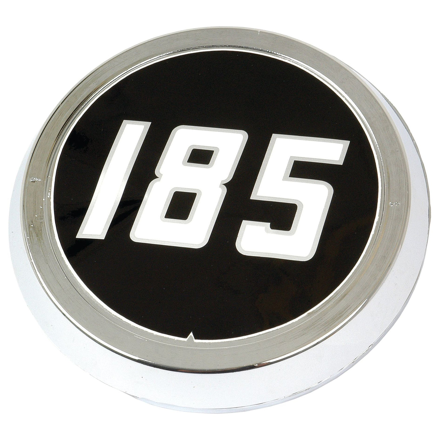 The Sparex Medallion - Massey Ferguson 185 (Sparex Part No. S.42552) is a circular metallic medallion featuring a glossy black center that prominently displays the white number "185" in the middle, making it an ideal fit for Massey Ferguson 185 models.