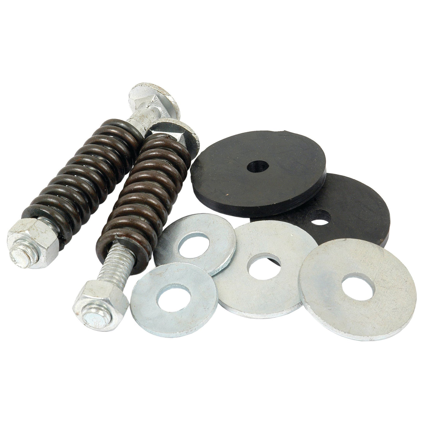 The Fuel Tank Bolt Kit by Sparex (Part No. S.42580) features two metal bolts with springs, three rubber washers, and four metal washers, all meticulously arranged on a white background. Genuine Sparex quality for your Massey Ferguson machinery.