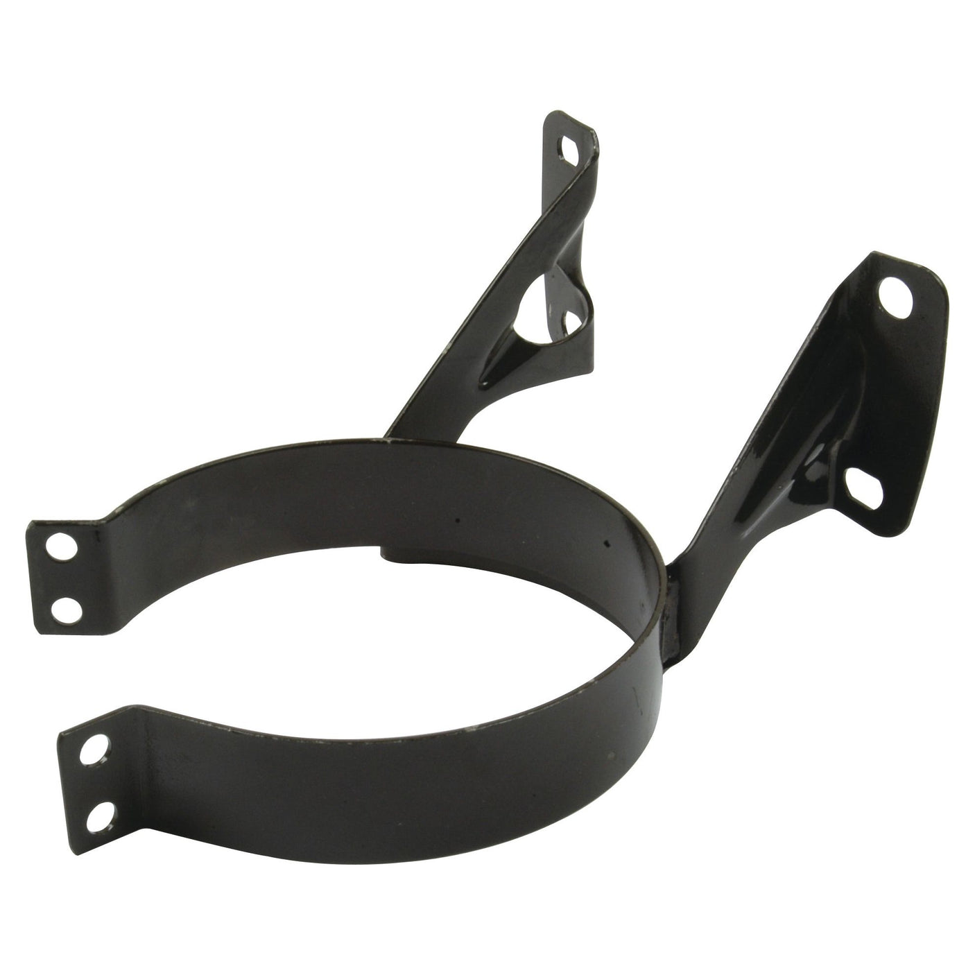 The Oil Bath Clamp (Sparex Part No. S.42581) from Sparex is a black metal mounting bracket featuring a circular clamp and two angled arms with mounting holes, designed to be compatible with Massey Ferguson equipment.