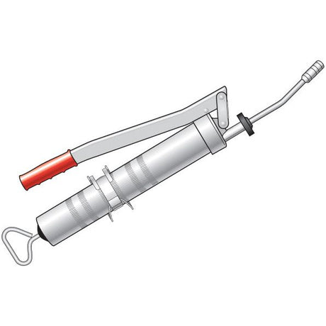 Illustration of a grease gun with a red handle, silver body, and an attached flexible hose with a coupler. The tool is used for lubricating mechanical parts and can be paired with the Sparex Grease Gun Holder (Sparex Part No. S.4258) for convenient storage.