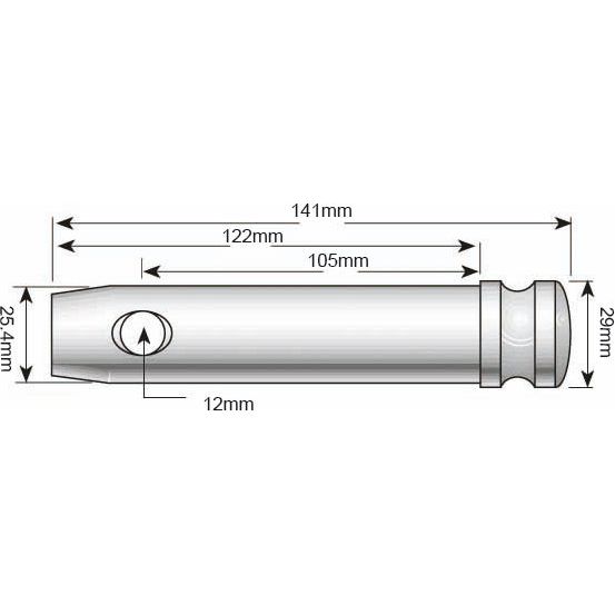 Technical drawing of the Top link pin 25x105mm Cat. 2 (Sparex Part No. S.425) by Sparex, a cylindrical object with an overall length of 141mm, working lengths of 122mm and 105mm, diameters of 29mm and 25.4mm, and a smaller Pin Ø dimension of 12mm.