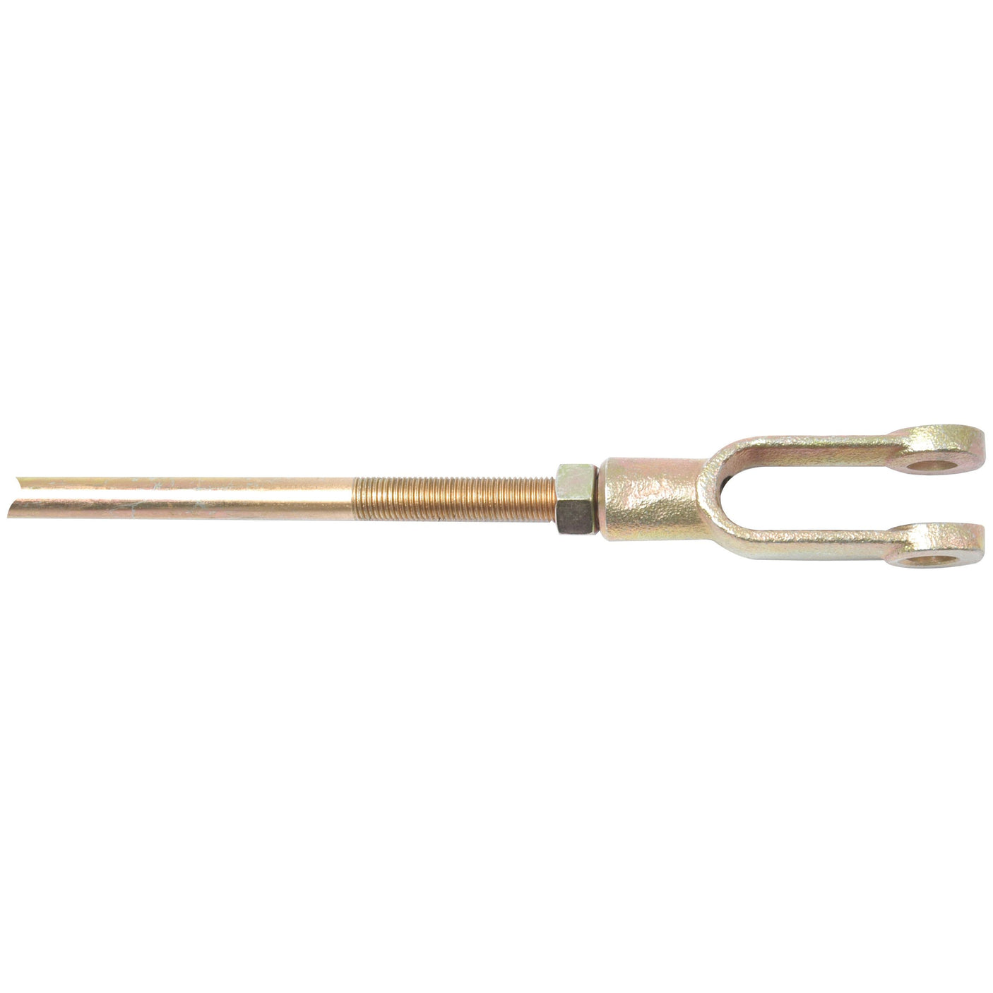 This Brake Pedal Rod, featuring a metal construction with a forked end, threaded rod, and a nut, is compatible with Massey Ferguson tractors and sourced from Sparex (Part No. S.42602) for reliable performance.