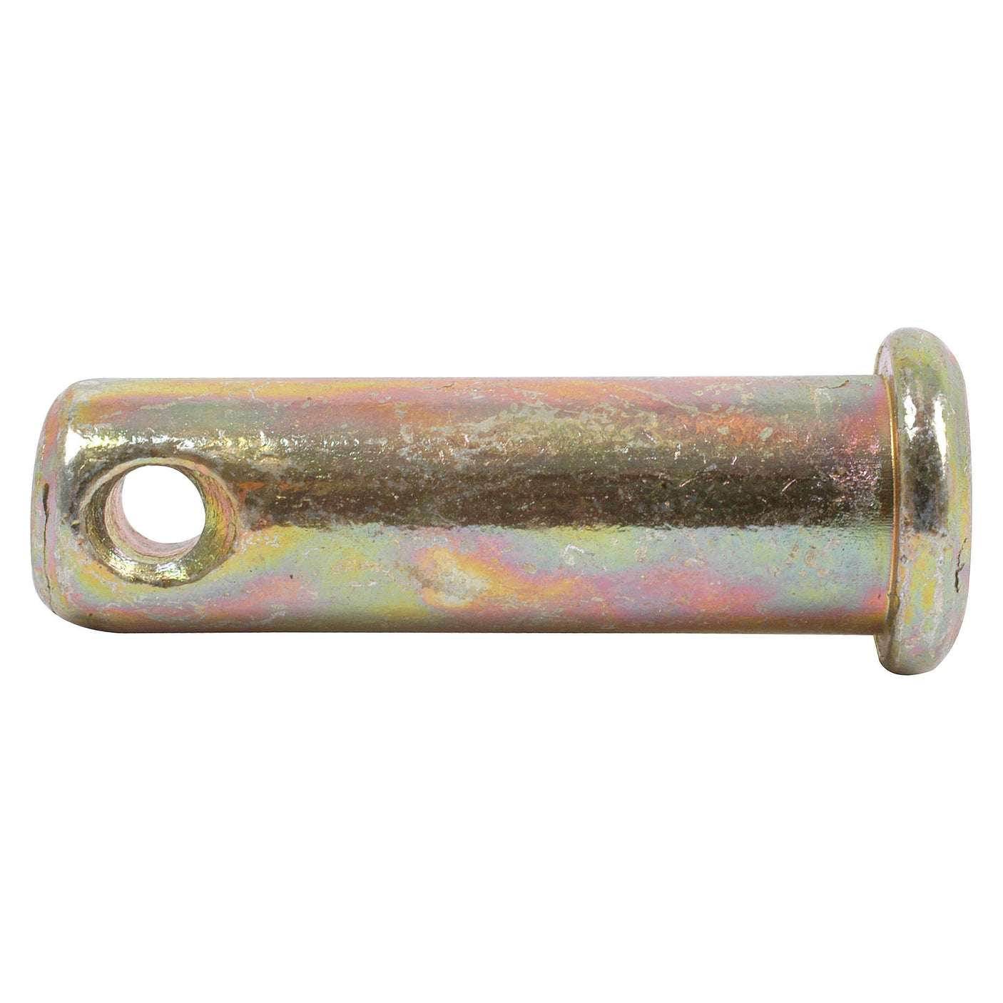 A Brake Rod Clevis Pin (Sparex Part No. S.42610) from Sparex, featuring a metallic cylindrical design with a hole near one end and a flat, rounded edge on the opposite end, showcasing an aged, multi-colored surface reminiscent of vintage Massey Ferguson machinery.