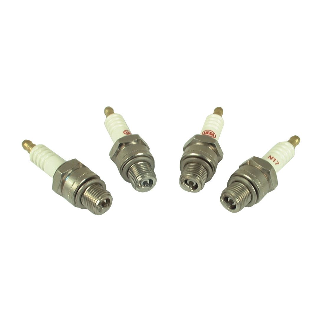 Four Spark Plug - S.42611 by Sparex, with a 14 mm thread diameter and white ceramic insulators, arranged in a slight arc on a plain white background. Ideal for standard petrol-only engines, these plugs feature metal threads and ensure optimal performance.