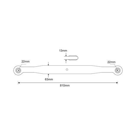 Technical drawing of the Lower Link Lift Arm (Sparex Part No. S.42620) which has a total length of 810mm, featuring end sections with Ball Ø 22mm each and a middle section labeled 63mm. A small cutout in the middle measures 13mm. The arm is coated in Red Oxide and falls under the Sparex category, often used in Massey Ferguson tractors.