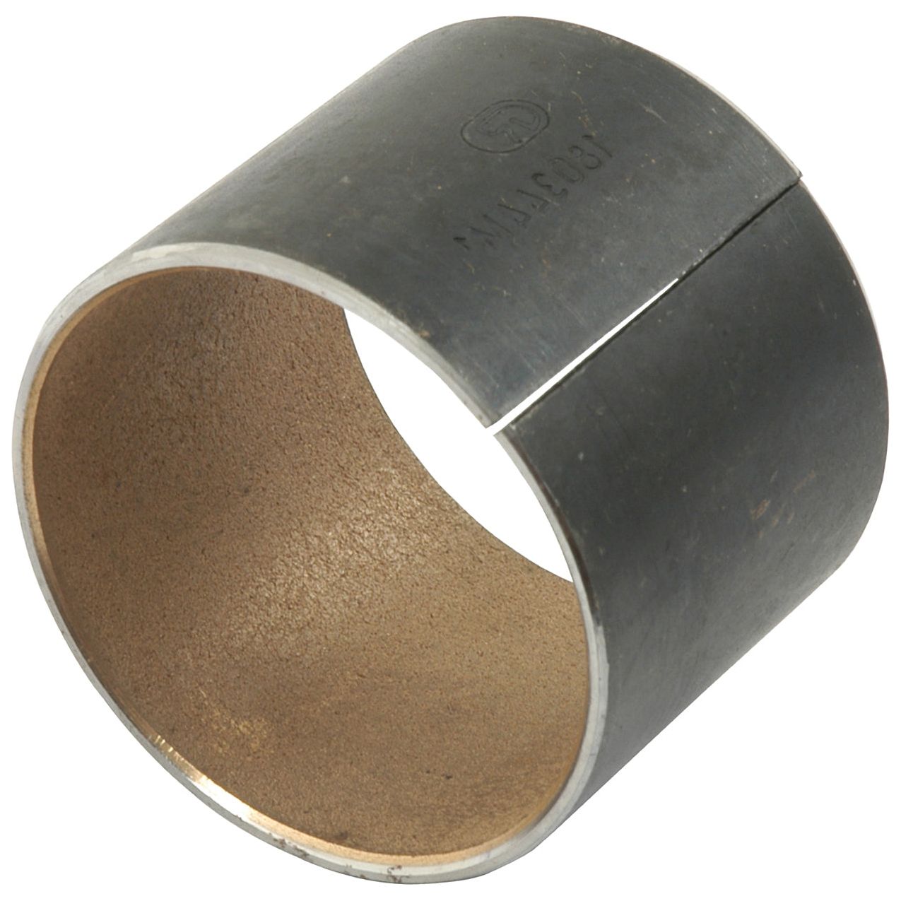 Introducing the Spindle Bush | Sparex Part No. S.42621—a cylindrical metal bushing with a split design, boasting a smooth inner surface and a textured outer surface engraved with text. This versatile component, designed by Sparex, ensures reliable performance as an essential bush pivot pin for Ford New Holland tractors.