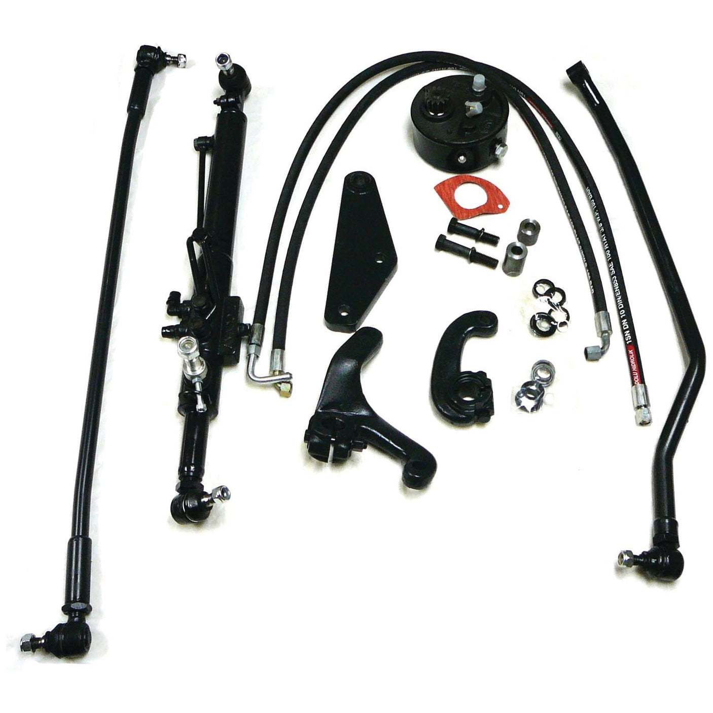 A collection of various car steering components, including rods, hoses, clamps, a pump, brackets, and gaskets arranged on a white background—ideal for anyone considering the Sparex Power Steering Conversion Kit (Part No. S.42630).