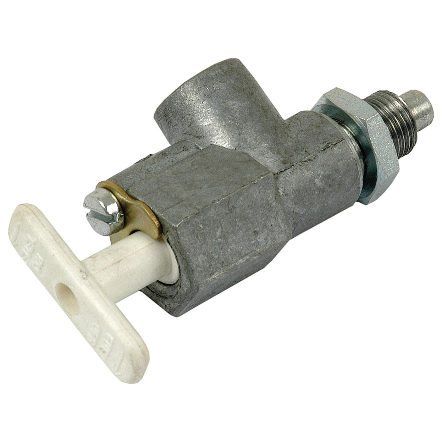 The Fuel Tap | Sparex Part No. S.42639 by Sparex is a metallic plumbing valve with a lever handle in the closed position, featuring threaded ends for connection and a 1/2'' UNF female outlet, compatible with Sparex and Massey Ferguson systems.